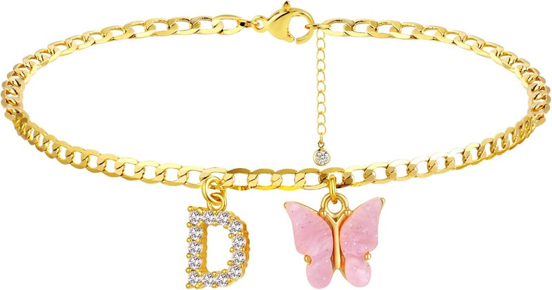VIROMY 14K Gold Plated Dainty Butterfly Initial Ankle Bracelets Handmade Cuban Chain White Butterfly A-Z Alphabet Letter Initial Anklets Personalized Summer Beach Jewelry Gifts for Women - Image 1
